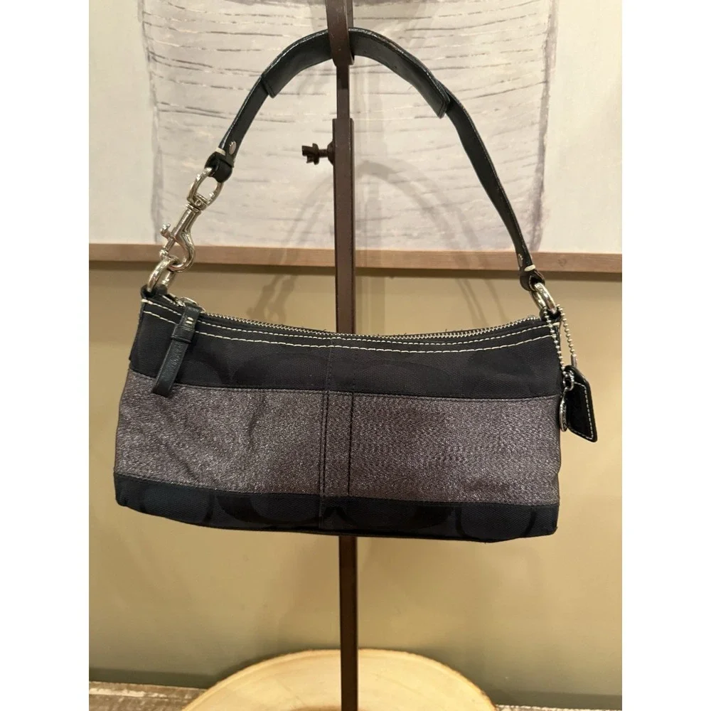 COACH Signature Black Logo  Silver Stripe Sparkle Mini Hobo‎ Bag Handbag 11096